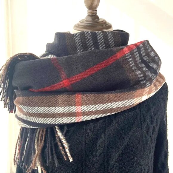 Plaid Pashmina - Etsy TRADITIONAL OVERSIZED BRITISH STYLE DARK GREY, BLACK & RED PLAID SCARF/PASHMINA